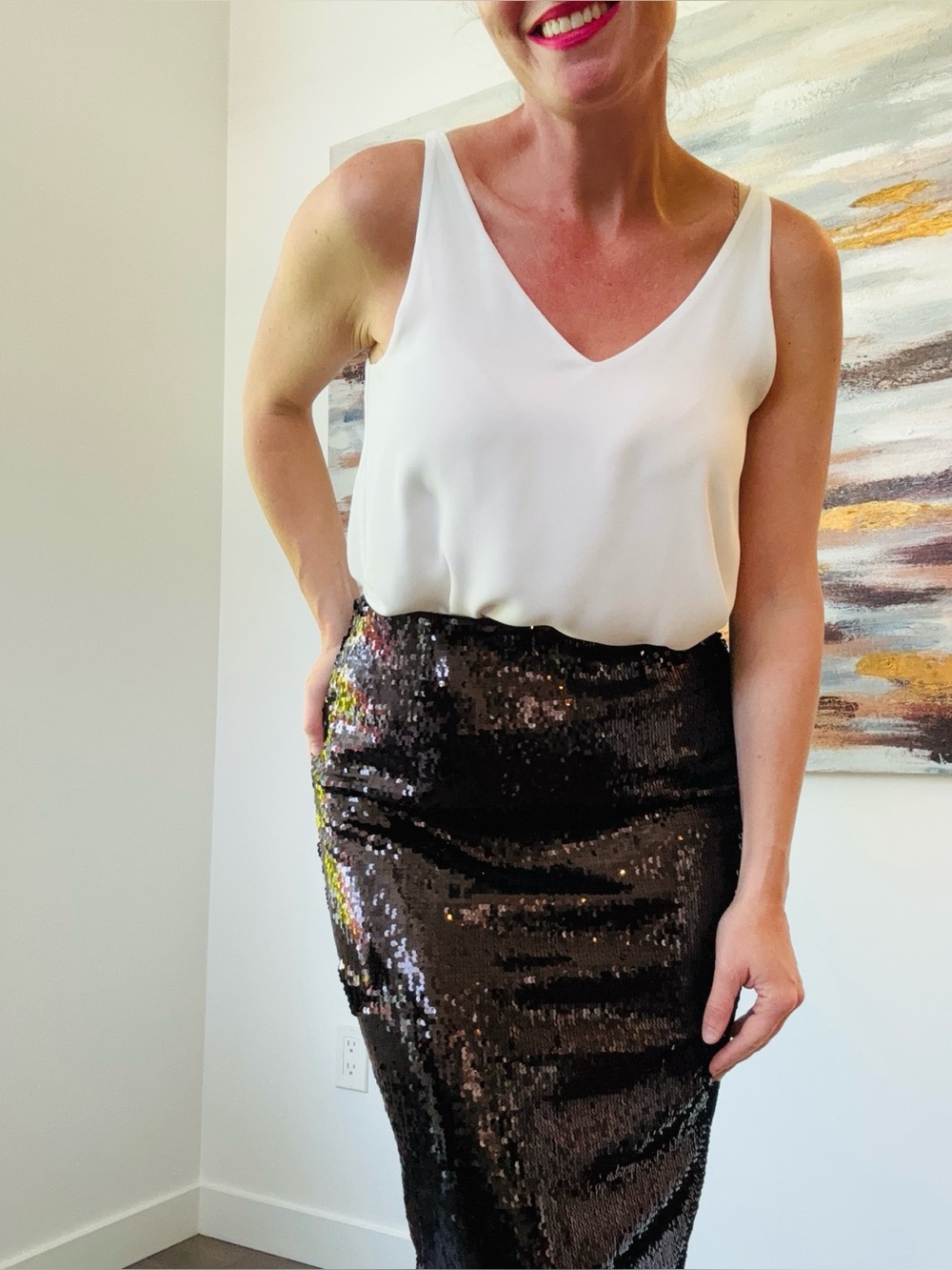 H&M Black Sequin Pencil Midi Skirt High Waisted Holiday Glam Size Small